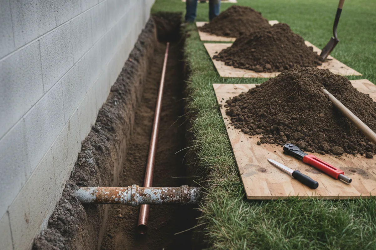 Excavated water line trench during Water Heater Repair in Lambert